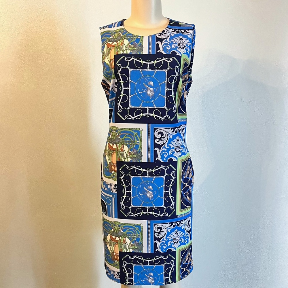 J. McLaughlin Belinda Equestrian Heraldic Patchwork Sleeveless Sheath Dress Sz 8